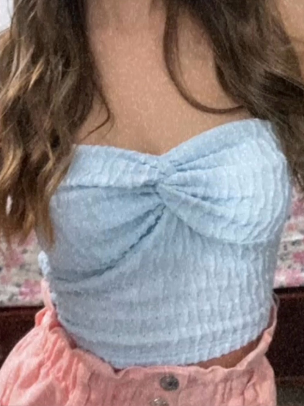 Light Blue Textured Twist-Front Bandeau Top - Picture 3 of 4
